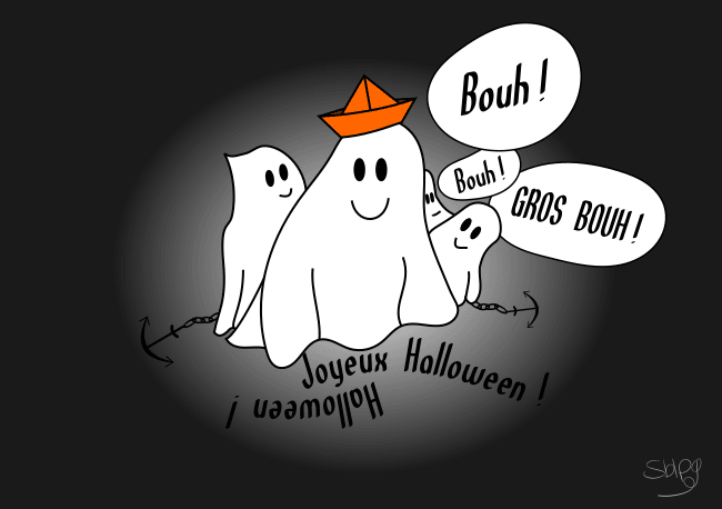Un dessin sur fond noir qui représente quatre fantômes souriants, tous de draps blanc vêtus, qui disent « Bouh ! ». Le plus gros fantôme à un chapeau en papier plié orange sur la tête, sous les fantômes est écrit Joyeux Halloween !